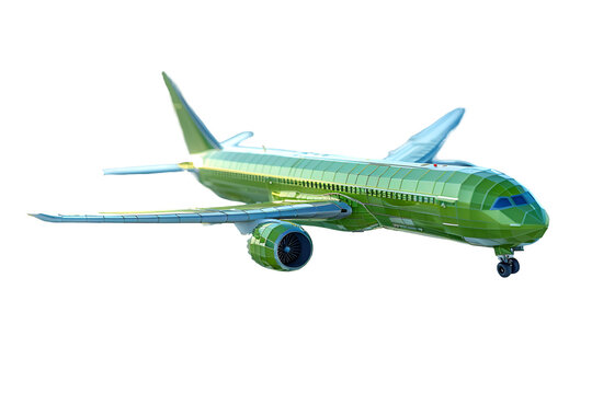 A 3D animated cartoon render of a green cargo plane soaring through the sky.