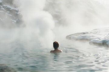 lone swimmer in a natural hot spring, steam rising in freezing air - obrazy, fototapety, plakaty