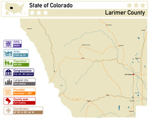 Detailed infographic and map of Larimer County in Colorado USA.