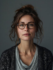 Fototapeta premium A striking woman with a dynamic hairstyle and stylish glasses has a confident expression