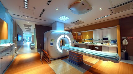 Modern clean white high-tech CT scan room. Technologically advanced and functional medical equipment in a modern hospital