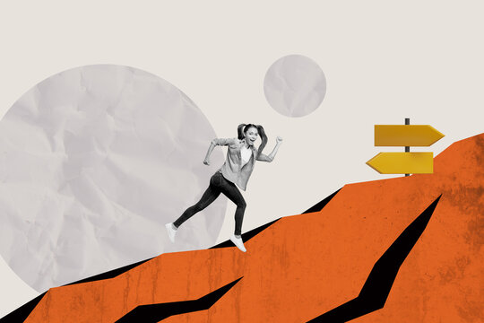 Composite photo collage of young surprised girl climb run mountain competition race pointer turn arrow rise isolated on painted background