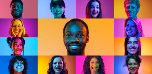 Collage made of portraits of positive people of different age, gender and nationality smiling on multicolored background in neon light. Concept of human emotions, diversity, youth, happiness - obrazy, fototapety, plakaty