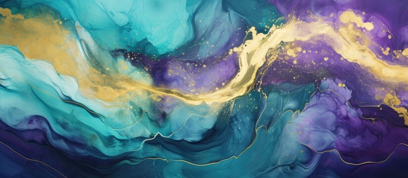 A detailed closeup of a blue and purple painting featuring a gold swirl, resembling a natural landscape with an electric blue atmosphere and liquid flow