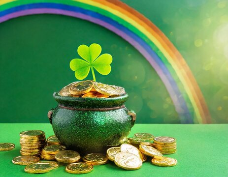 Saint Patrick's Day and Leprechaun's pot of gold coins concept with a rainbow indicating whe