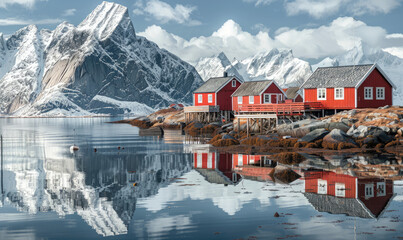 Red wooden houses of Reine, Lofoten Islands in Norway with snowcapped mountains behind them and clear blue sky. A small fishing village near the sea surrounded by rocks and reflections on water.