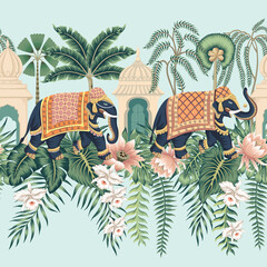 Indian elephant, palm trees, tropical leaves, pink lotus, orchid flower, architecture seamless pattern blue background. Jungle wallpaper.	