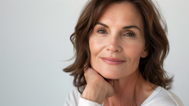 portrait of a beautiful 50s mid aged mature woman with perfect skin for advertisement