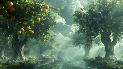 Create a dreamscape where fruit trees grow in impossible conditions, such as underwater or floating...