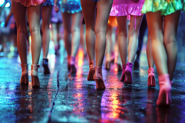 legs of a crowd of woman prostitute girls in miniskirts and high heels at night on street - obrazy, fototapety, plakaty