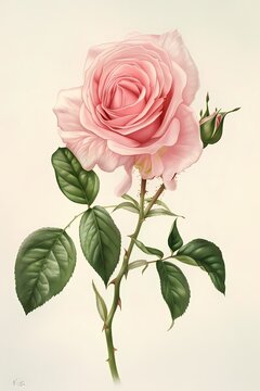 Elegant colored pencil of pink rose, botanical painting on ivory background,  Artwork for wall art illustration and home decor, digital art