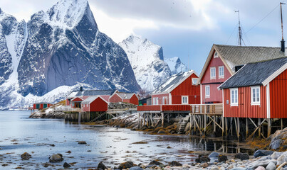 Red wooden houses of Reine, Lofoten Islands in Norway with snowcapped mountains behind them and clear blue sky. A small fishing village near the sea surrounded by rocks and reflections on water.