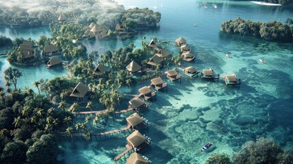 Create a luxurious island resort with overwater bungalows, coral reefs for snorkeling, and...