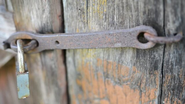 Old metal lock swinging on a rusty hinge on a dilapidated wooden shed.