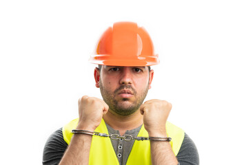 Close-up of thief builder wearing hardhat and vest handcuffed