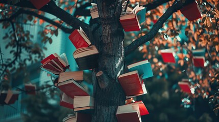 International literacy day concept with tree with book like leaves. knowledge concept with colorful books on tree