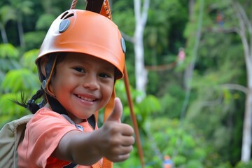 smiling child giving thumbsup before zipline trek over rainforest