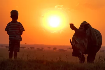 Fotobehang child observing rhino in distance at sunset © Alfazet Chronicles