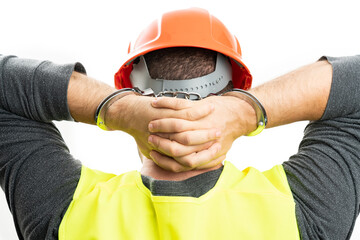 Close-up of arrested builder with hands behind head helmet