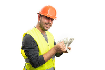 Constructor man making cheerful expression counting money