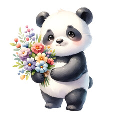 Cute watercolor animal character holding the flower bouquets happily as receiving from the beloved partner clipart of panda