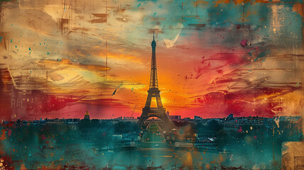 A dynamic and textured representation of the Paris skyline, featuring the Eiffel Tower amidst a tapestry of vintage postcards and pastel smears