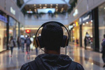 Fototapeta na wymiar person wearing headphones about to step into the mall
