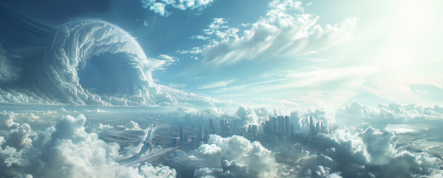 Inception movie style: A downtown core with skyscrapers  over the landscape, massive storm cloud approaches