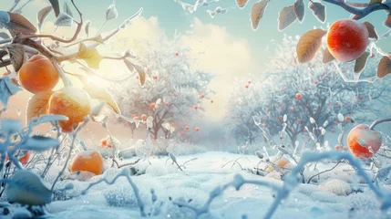 Zelfklevend Fotobehang Create a winter scene where fruits are encased in ice, sparkling under the light, set in a snowy landscape  © Alex