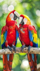 Scarlet macaws face off  colorful birds on branch with blurred background   copy space available