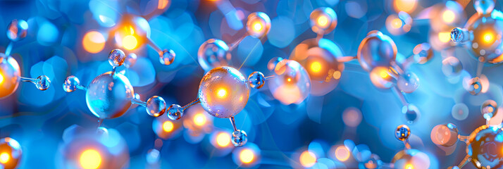 Eine 3D Makro Aufnahme, Nahaufnahme mikroskopischer Blasen und Moleküle, die die chemische Struktur kosmetischer Produkte darstellen. - obrazy, fototapety, plakaty