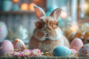 easter concept holiday animal celebration greeting card  easter bunny, rabbit with sunglasses 