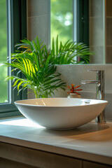 Fototapeta premium Bathroom sink with faucet interior home luxury minimal design washing furniture style. Modern stylish washbasin with tap in clean bath room in house or apartment contemporary decoration background.