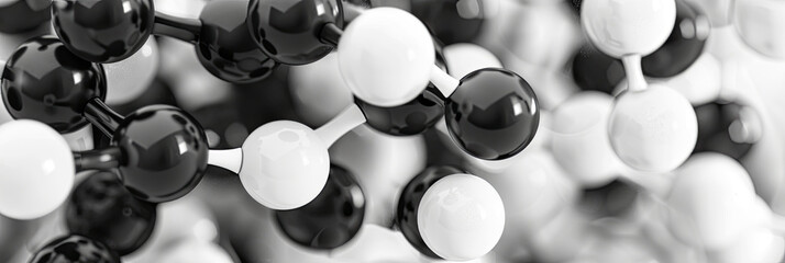Eine 3D Makro Aufnahme, Nahaufnahme mikroskopischer Blasen und Moleküle, die die chemische Struktur kosmetischer Produkte darstellen.