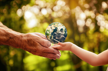 Generations sharing Earth, sustainability concept.
Elderly hand passing globe to young child against green backdrop