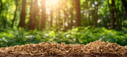 Biomass wood pellets and woodpile on blurred background, renewable energy concept with copy space