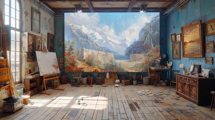 Sunlit Art Studio With Mountainscape Painting