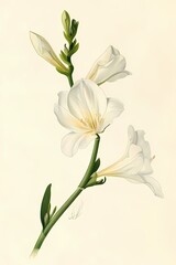 simple colored pencil of small single white freesia botanical painting on ivory background,  Artwork for wall art illustration and home decor, digital art