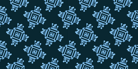 Obraz premium Vector neon computer electronic chip AI seamless pattern. Silhouette microchip processor background on blue background. Wallpaper, print, textile, fabric, wrapping