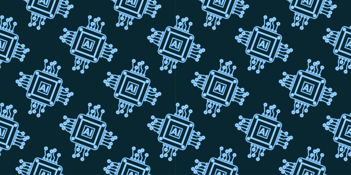 Vector neon computer electronic chip AI seamless pattern. Silhouette microchip processor background on blue background. Wallpaper, print, textile, fabric, wrapping