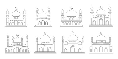 Fototapeta premium Vector islamic mosque black ouline silhouettes set. Ramadan muslim line icon collection isolated on white. Arabian mosque buildings shapes with minarets. Eid Al-Fitr illustration