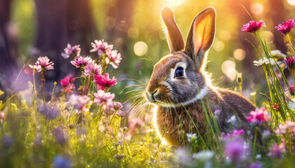 Rabbit in field of grass and blooming flowers. Cute animal. Sun shining. Spring season.