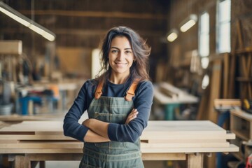 Carpenter woman one smile young aged standing aim working on wood plank in carpenter workshop. Latin female carpenter entrepreneur working craft with wood DIY tool in workbench carpenter workshop