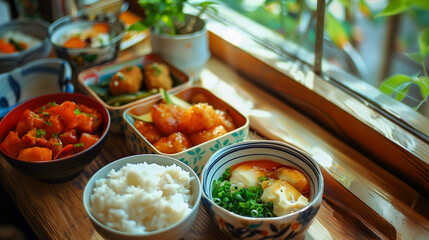 A bento box centerpiece surrounded by traditional Japanese dishes in a warm, ambient light.