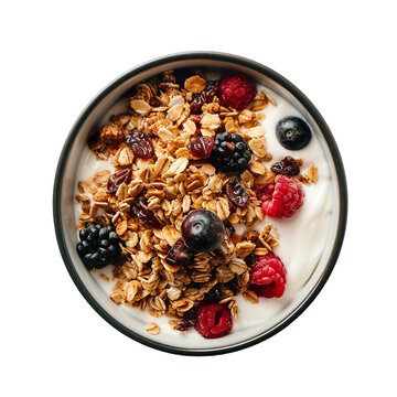 recommend clip art: Granola with yogurt isolated on white transparent background, top view, ultra realistic, PNG