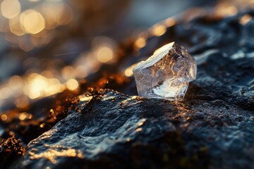Close view of a raw diamond on rocks with sun refraction at dawn