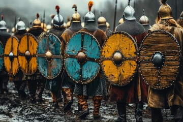 Naklejka premium A dynamic image of Viking warriors lined up for battle, displaying an array of worn and colorful shields ready for combat
