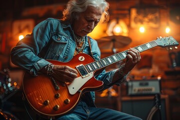 Obraz premium A stylish senior playing a vintage sunburst electric guitar in a rustic bar setting, embodying rock and roll