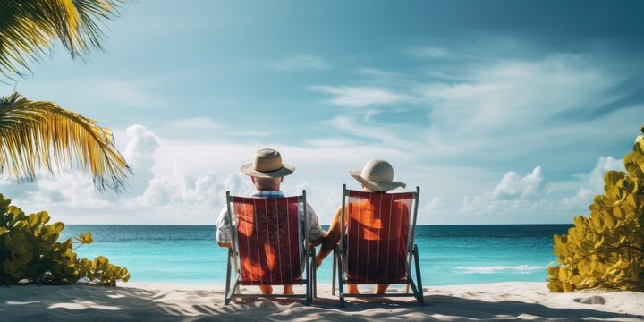 Retired couple resting together on sun loungers on the beach. Horizon view