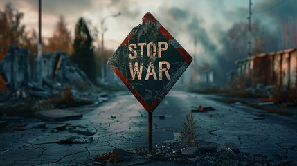 A crumpled stop sign in a war environment, with the words stop war on it